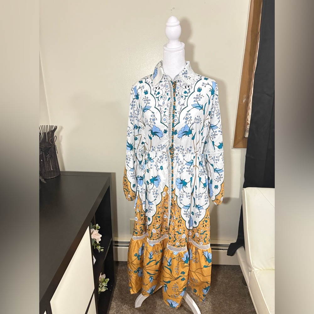 Boho Floral White & Mustard Maxi Dress